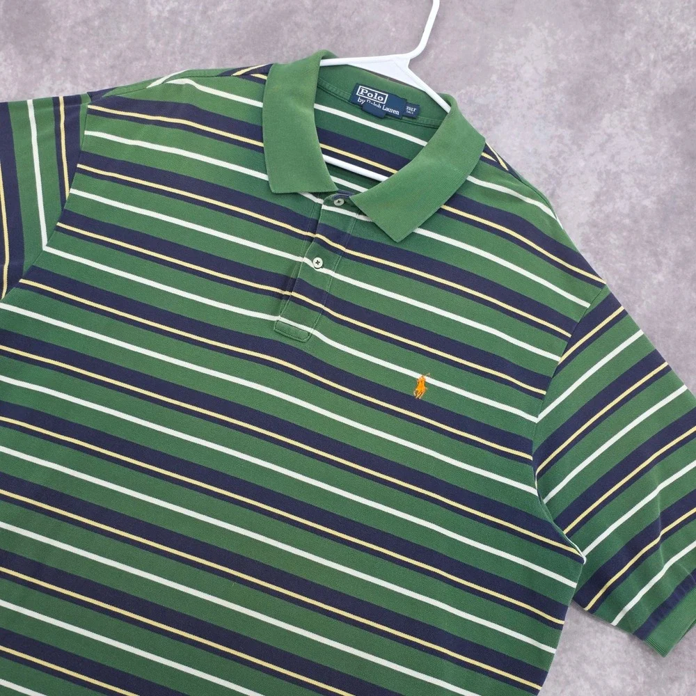 Polo Ralph Lauren Mens 3XLT Tall Striped Polo Shirt Green Pique Short Sleeve
